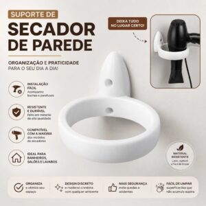 Suporte Para Secador de Cabelo Parede Banheiro Salão Barbearia