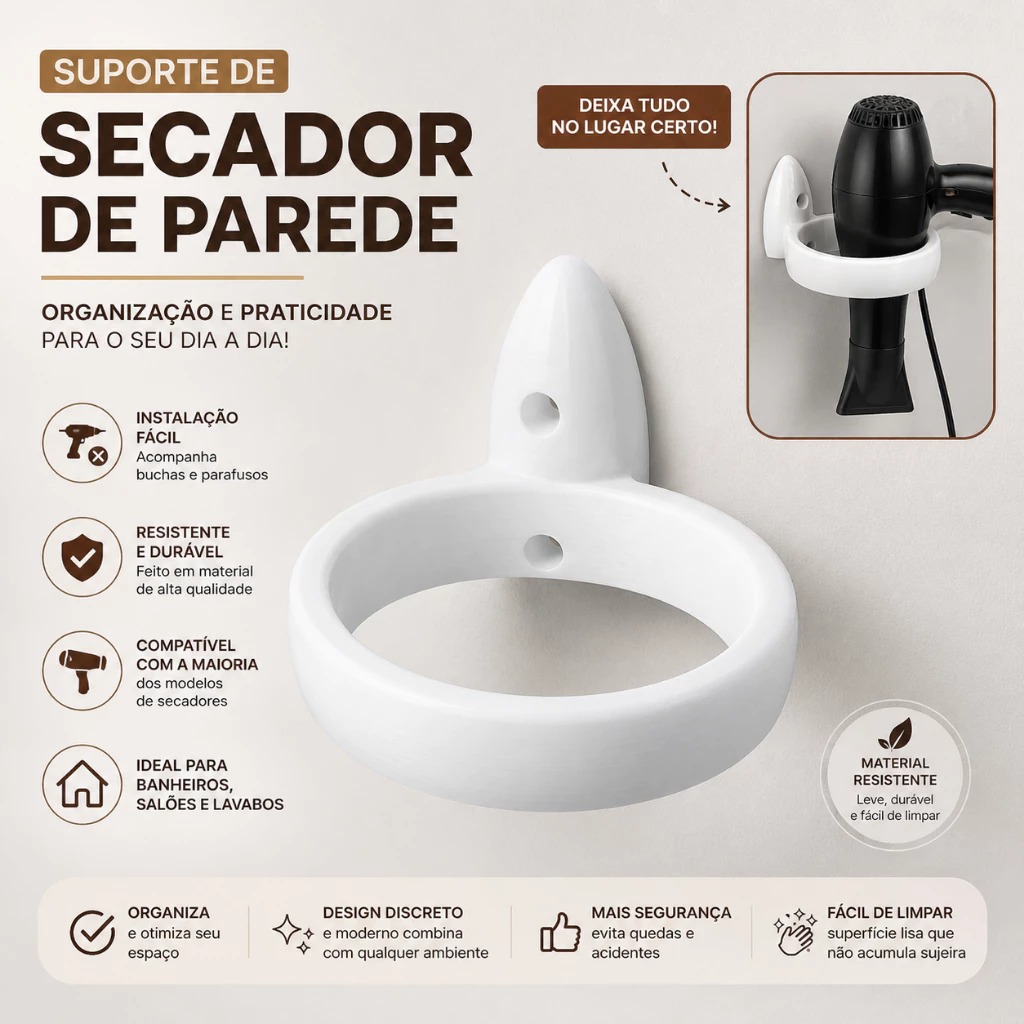 Suporte Para Secador de Cabelo Parede Banheiro Salão Barbearia